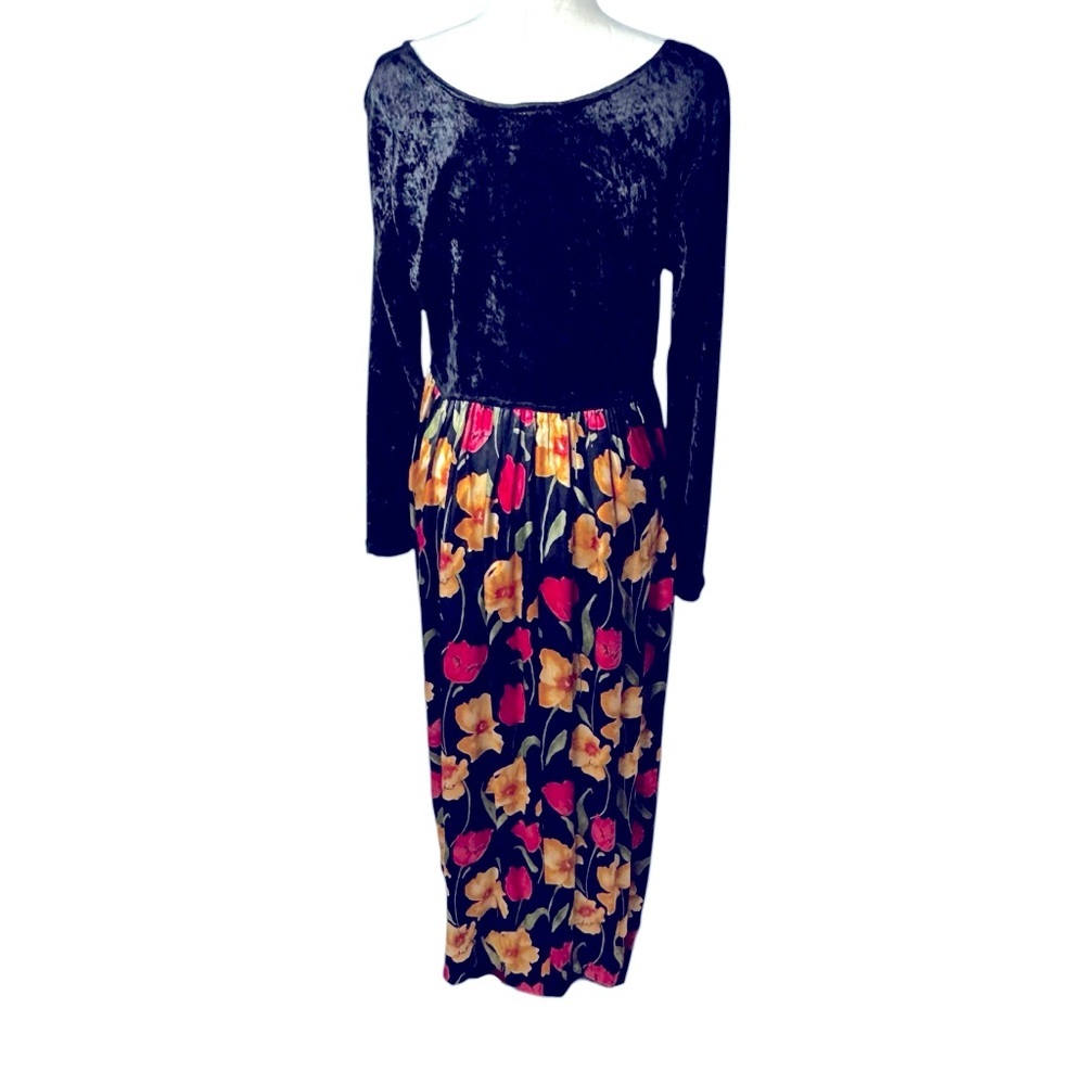 Vintage women's crushed velvet floral satin maxi dress size M party holiday